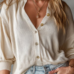ElevenOra Chic Elegant Cream White Lapel Collar Single-Breasted Long-Lantern-Sleeve Loose-Fit Ribbed Knit Sweater Top