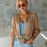 ElevenOra Chic Elegant Camel Round-Neck Single-Breasted Long-Sleeve Bow-Tie Detail Loose-Fit Knit Cardigan Top