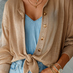 ElevenOra Chic Elegant Camel Round-Neck Single-Breasted Long-Sleeve Bow-Tie Detail Loose-Fit Knit Cardigan Top
