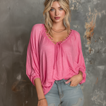 ElevenOra Chic Casual Bright Pink V-Neck Lace-Up Short Sleeve Loose-Fit Slub Cotton Fabric T-Shirt Top