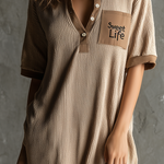 ElevenOra Chic Casual Beige Lapel Collar Button-Front Contrast Trim Short-Sleeve Embroidery Patch Pocket Loose-Fit Waffle Knit Fabric Mini Dress