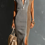 ElevenOra Chic Elegant Gray-Camel Colorblock Button-Up Lapel-Collar Cap-Sleeve Side-Slit Loose-Fit Ribbed Knit Midi Dress