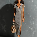 ElevenOra Chic Elegant Gray-Camel Colorblock Button-Up Lapel-Collar Cap-Sleeve Side-Slit Loose-Fit Ribbed Knit Midi Dress