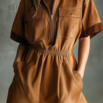 ElevenOra Chic Casual Caramel  Stand Collar Zipper-Up Contrast Trim Patch Pocket Short-Sleeve Tailored-Waist A-Line Faux Suede Fabric Mini Dress
