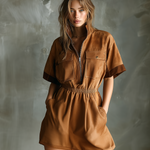 ElevenOra Chic Casual Caramel  Stand Collar Zipper-Up Contrast Trim Patch Pocket Short-Sleeve Tailored-Waist A-Line Faux Suede Fabric Mini Dress