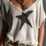 ElevenOra Chic Casual White V-Neck Star Jacquard Raw Edge Dolman Sleeves Loose-Fit Knit SweaterTop