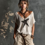 ElevenOra Chic Casual White V-Neck Star Jacquard Raw Edge Dolman Sleeves Loose-Fit Knit SweaterTop