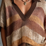 ElevenOra Chic Casual Multi-Color Stripe Lapel Collar V-Neck Short-Sleeve Loose-Fit Mesh Knit Sweater Top