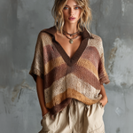 ElevenOra Chic Casual Multi-Color Stripe Lapel Collar V-Neck Short-Sleeve Loose-Fit Mesh Knit Sweater Top