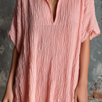 ElevenOra Chic Casual Blush Pink Stand Collar V-Neck Short-Sleeve  Loose-Fit Crinkled Textured Fabric Mini Dress