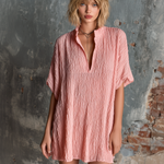 ElevenOra Chic Casual Blush Pink Stand Collar V-Neck Short-Sleeve  Loose-Fit Crinkled Textured Fabric Mini Dress