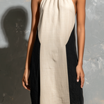 ElevenOra Chic Elegant Beige-Black Colorblock Elastic Gathered Halter Neck Sleeveless Loose-Fit Cotton Linen Blend Maxi Dress