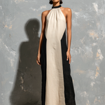ElevenOra Chic Elegant Beige-Black Colorblock Elastic Gathered Halter Neck Sleeveless Loose-Fit Cotton Linen Blend Maxi Dress
