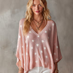 ElevenOra Chic Elegant Pink-White Polka Dots V-Neck Half-Batwing-Sleeve Loose-Fit Knit Sweater Top