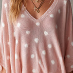 ElevenOra Chic Elegant Pink-White Polka Dots V-Neck Half-Batwing-Sleeve Loose-Fit Knit Sweater Top
