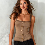 ElevenOra Chic Elegant Brown Spaghetti Straps Square-Neck Single-Breasted Contrast Trim Slim-Fit Knit Tank Top