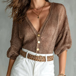 ElevenOra Chic Elegant Brown Deep V-Neck Single-Breasted Half-Lantern-Sleeve Loose-Fit Knit Sweater Top