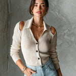 ElevenOra Chic Elegant Beige Lapel-Collar Cutout-Detail Long-Sleeve Single-Breasted Slim-Fit Ribbed Knit Sweater Top