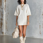 ElevenOra Chic Elegant Cream White Boat-Neck Short-Sleeve Loose-Fit Ribbed Knit Mini Dress