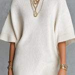 ElevenOra Chic Elegant Cream White Boat-Neck Short-Sleeve Loose-Fit Ribbed Knit Mini Dress