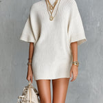 ElevenOra Chic Elegant Cream White Boat-Neck Short-Sleeve Loose-Fit Ribbed Knit Mini Dress
