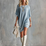 ElevenOra Chic Elegant Blue Round-Neck Short-Batwing-Sleeve White Stripes Loose-Fit Ribbed Knit Mini Dress