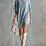 ElevenOra Chic Elegant Blue Round-Neck Short-Batwing-Sleeve White Stripes Loose-Fit Ribbed Knit Mini Dress