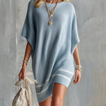 ElevenOra Chic Elegant Blue Round-Neck Short-Batwing-Sleeve White Stripes Loose-Fit Ribbed Knit Mini Dress