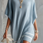 ElevenOra Chic Elegant Blue Round-Neck Short-Batwing-Sleeve White Stripes Loose-Fit Ribbed Knit Mini Dress