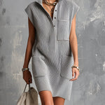 ElevenOra Chic Elegant Gray Button-Up Lapel-Collar Sleeveless Multi-Pockets Loose-Fit Ribbed Knit Mini Dress