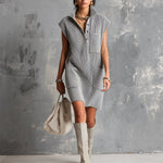 ElevenOra Chic Elegant Gray Button-Up Lapel-Collar Sleeveless Multi-Pockets Loose-Fit Ribbed Knit Mini Dress
