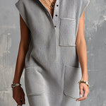ElevenOra Chic Elegant Gray Button-Up Lapel-Collar Sleeveless Multi-Pockets Loose-Fit Ribbed Knit Mini Dress