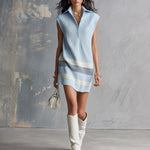 ElevenOra Chic Elegant Blue-White-Gray Colorblock Lapel V-Neck Sleeveless Loose-Fit Ribbed Knit Mini Dress