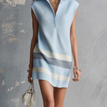 ElevenOra Chic Elegant Blue-White-Gray Colorblock Lapel V-Neck Sleeveless Loose-Fit Ribbed Knit Mini Dress