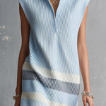 ElevenOra Chic Elegant Blue-White-Gray Colorblock Lapel V-Neck Sleeveless Loose-Fit Ribbed Knit Mini Dress
