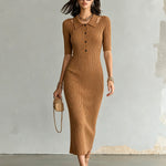 ElevenOra Chic Elegant Caramel Brown Button-Up Lapel-Collar Short-Sleeve Cutout-Detail Slim-Fit Ribbed Knit Midi Dress