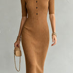 ElevenOra Chic Elegant Caramel Brown Button-Up Lapel-Collar Short-Sleeve Cutout-Detail Slim-Fit Ribbed Knit Midi Dress