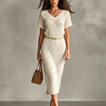 ElevenOra Chic Elegant Cream White Argyle Pattern Jacquard V-Neck Short-Sleeve Belted Slim-Fit Knit Midi Dress