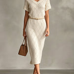 ElevenOra Chic Elegant Cream White Argyle Pattern Jacquard V-Neck Short-Sleeve Belted Slim-Fit Knit Midi Dress