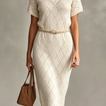ElevenOra Chic Elegant Cream White Argyle Pattern Jacquard V-Neck Short-Sleeve Belted Slim-Fit Knit Midi Dress