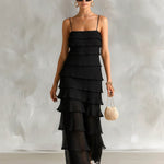 ElevenOra Chic Elegant Black Pleated Chiffon Spaghetti Straps Square-Neck Sleeveless Tiered Slim-Fit Maxi Dress