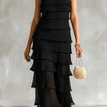 ElevenOra Chic Elegant Black Pleated Chiffon Spaghetti Straps Square-Neck Sleeveless Tiered Slim-Fit Maxi Dress