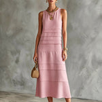 ElevenOra Chic Elegant Pink Cotton-Linen Blend Round-Neck Sleeveless Patchwork Detail A-Line Loose-Fit Midi Dress