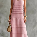 ElevenOra Chic Elegant Pink Cotton-Linen Blend Round-Neck Sleeveless Patchwork Detail A-Line Loose-Fit Midi Dress