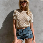 ElevenOra Chic Casual Off-White Round-Neck Short-Sleeve Loose-Fit Diamond Lattice Open Knit Sweater Top