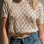 ElevenOra Chic Casual Off-White Round-Neck Short-Sleeve Loose-Fit Diamond Lattice Open Knit Sweater Top