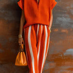 ElevenOra Chic Elegant Orange-White Colorblock Lapel V-Neck Short-Sleeve Loose-Fit Sweater Elastic-Waist Pants Knit Two-Piece Set
