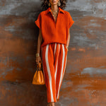 ElevenOra Chic Elegant Orange-White Colorblock Lapel V-Neck Short-Sleeve Loose-Fit Sweater Elastic-Waist Pants Knit Two-Piece Set