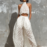 ElevenOra Chic Elegant White Sheer Organza Heart Print Halter-Neck Sleeveless Loose-Fit Tank Top Wide-Leg Pants Two-Piece Set