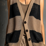 ElevenOra Chic Casual Camel-Black Colorblock V-Neck Single-Breasted Sleeveless Loose-Fit Mesh Knit Vest Top